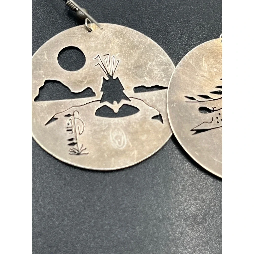 Vintage Sterling Southwestern Disc Earrings Horse Rider Mountain Bear Paw Hopi ?